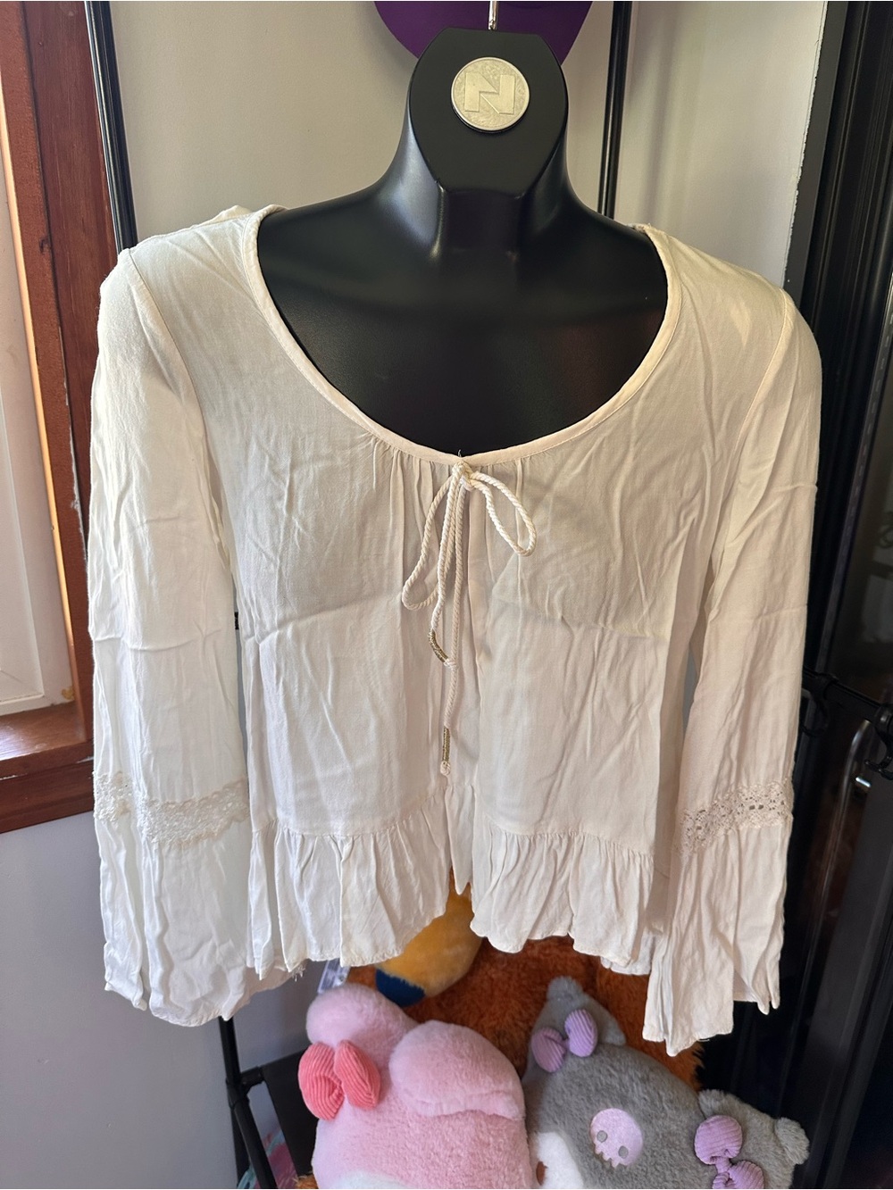 Mudd Cream Long-Sleeve Tie-Front Peasant Blouse